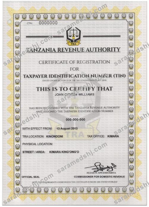 TANZANIA taxpayer identification number (TIN) registration certificate